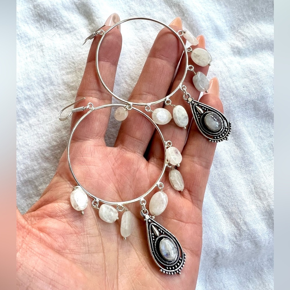 925 OOAK Rainbow Flash Moonstone BOHEMIAN HOOP Earrings!